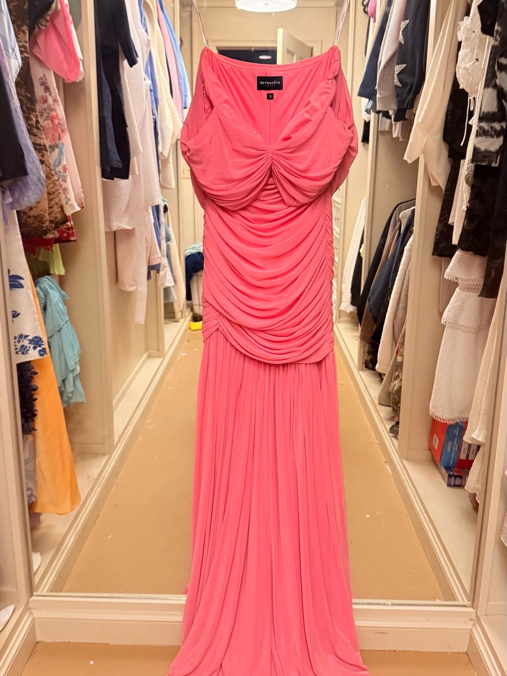 Retrofete Off-Shoulder Pink Ruched Evening Gown with High Slit - Picture 3 of 5